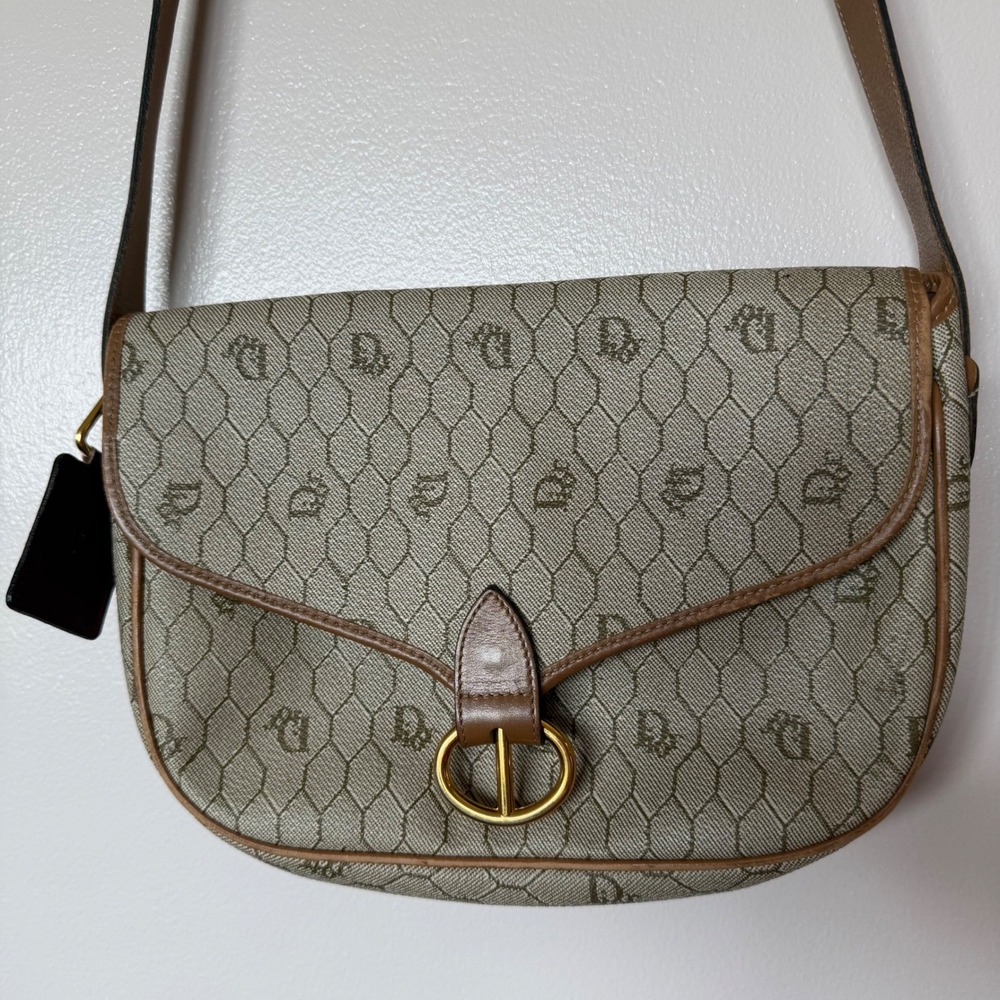 Christian Dior Honeycomb Monogram Crossbody Bobby Bag Designer Vintage COA Tan